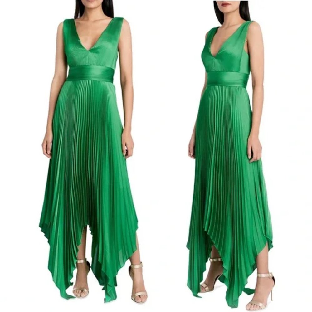 NWT - BCBGMAXAZRIA Satin V-neck Pleated Gown